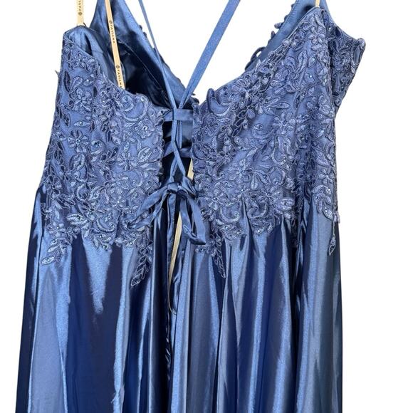 Faviana 9498 Blue Satin Formal Gown – Size 18 – Beaded Bustier & Corset Back NWT - Picture 13 of 16